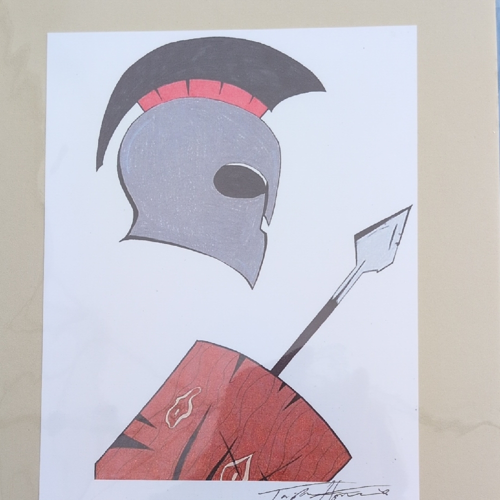 Spartan Warrior Illustration in Gray and Red 5x7